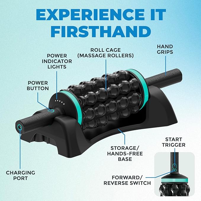 Chirp RPM Rolling Percussive Massager – Deep Tissue Muscle Massager and Back Roller with Hands-Free Base, Rechargeable Leg Massager Roller, 5-Speed Massage Roller Stick for Legs, Foot & Calf Massager