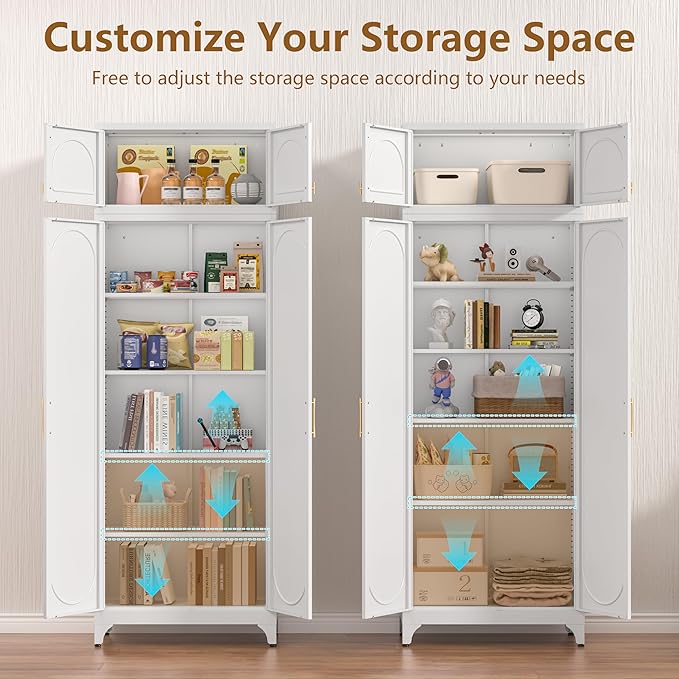 Kitchen Pantry Cabinet, 90" Tall Metal Pantry Cabinet, Food Cupboards with Doors and Shelves, Freestanding Storage Cabinets for Dining, Living Room, 16"D x 32"W x 90"H, White, Assembly Required
