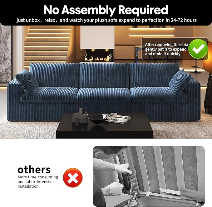 118" 3-Seater Cloud Sofa,Modular Sectional Couch,Modern Deep Seat Upholstered Couches with Plush Corduroy Fabric for Living Room Furniture,Bedroom and Apartment,No Assembly Required,Blue