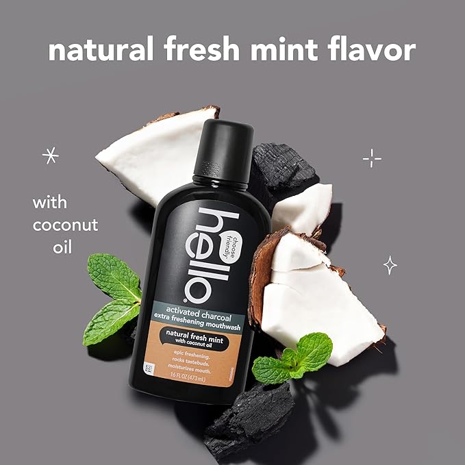 Hello Activated Charcoal Extra Freshening Mouthwash, Natural Fresh Mint and Coconut Oil, Fluoride Free, Alcohol Free, Vegan, SLS Free and Gluten Free, 16 Fl Oz (Pack of 3)