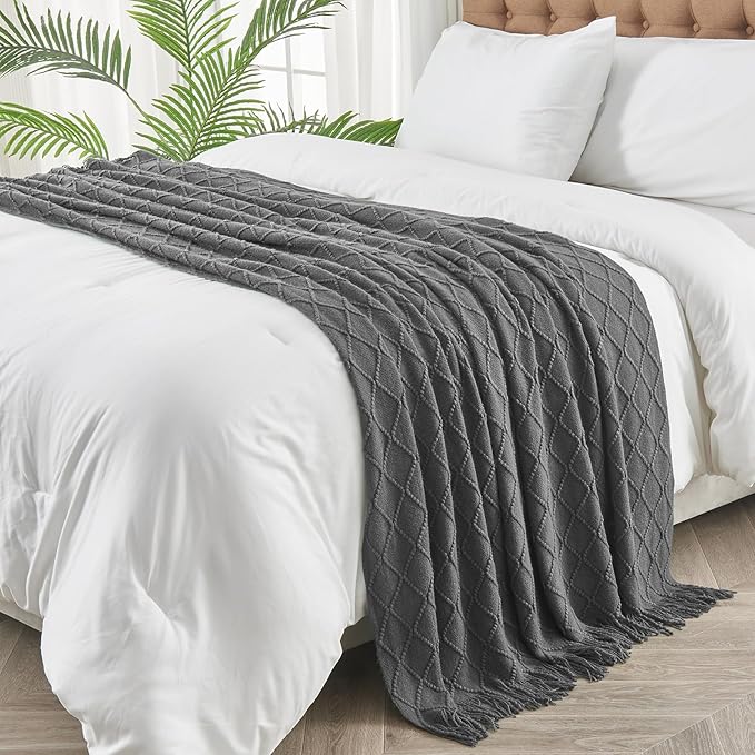inhand Grey Throw Blanket for Couch and Bed, Soft Living Room Home Decor Knitted Blanket with Tassel, Outdoor Lightweight Breathable Summer Blanket, Farmhouse Warm Woven Decorative, 50"x60"