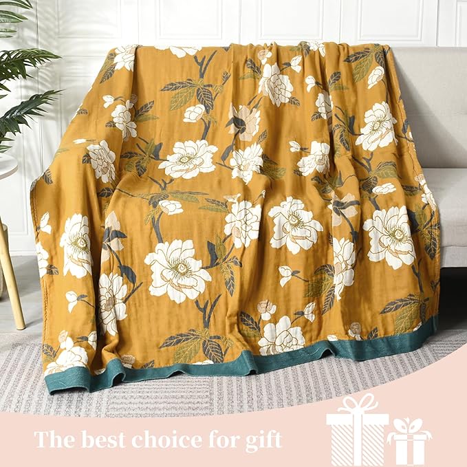 Boho Throw Blanket for Bed - 100% Pure Cotton Ultra Soft Rustic Quilt - Farmhouse Decor Bed Blankets, All Season Rustic Throw for Sofa Couch Chair(60"×80", Flower Branch 2)