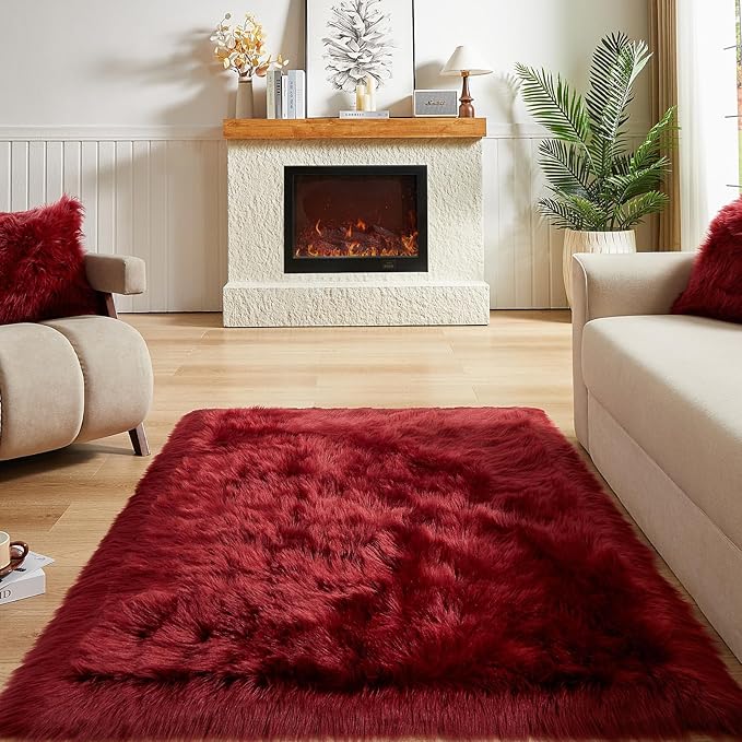 AMTOVO Faux Fur Sheepskin Rug for Living Room, 4 x 6 ft Burgundy Fluffy Area Rug for Bedroom, Playroom, Luxury Room Decor, Rectangle