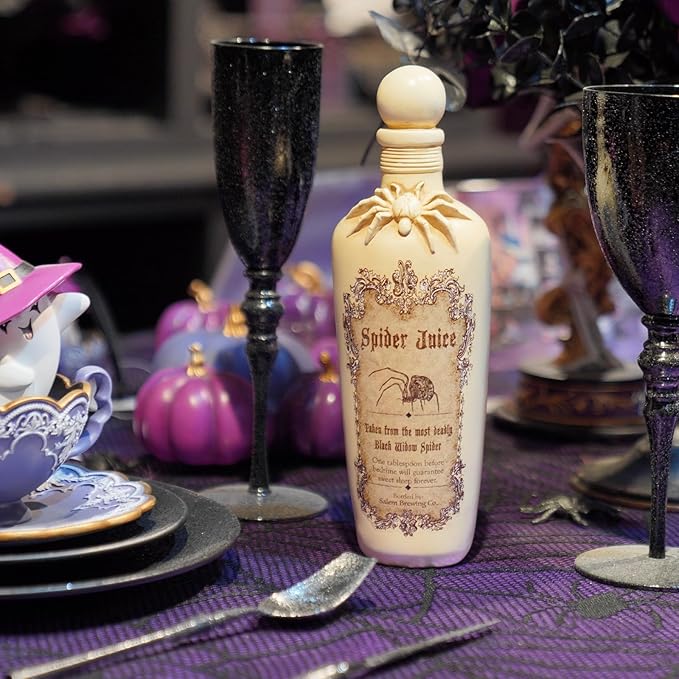 Braxio Witch Potion Bottles for Halloween Décor - White Spider Resin Magic Potion Bottles with Black Web Design, White Spider Decoration, for Shelf Table Party(3x3x10 Inches)