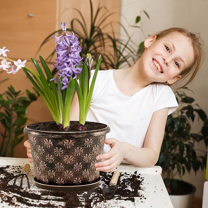 10 Inch Planter Pots for Plants, 4 Pack Plastic Large Flower Pots Indoor Outdoor, Resin Plant Pot with Drainage & Saucer, Retro Decorative Garden Pot with Removable Trays for House