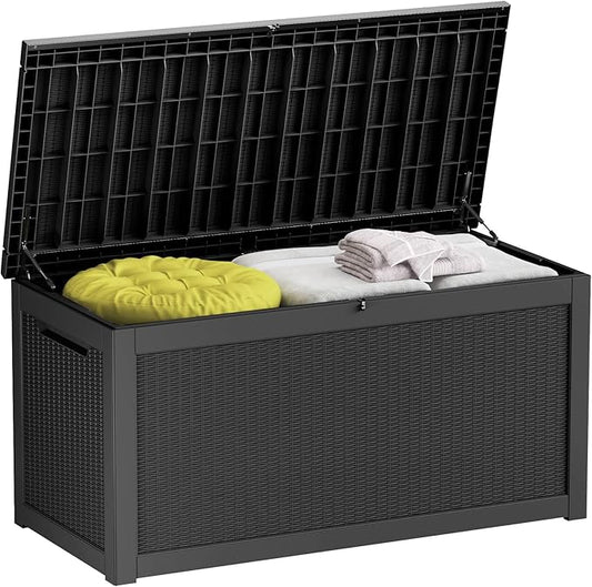 260 Gallon Deck Box XXL Large Outdoor Storage for Patio Furniture,Outdoor Cushions,Garden Tools and Pool Supplies,Waterproof,Resin,Lockable(Black Rattan)