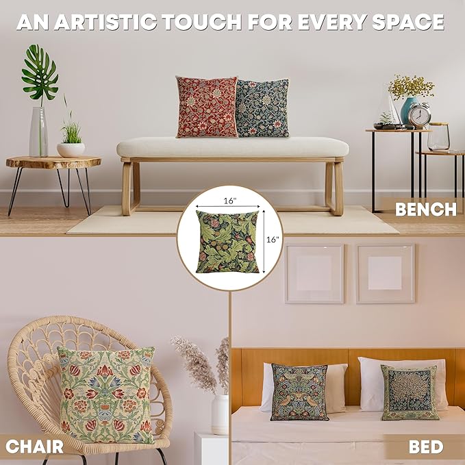 Charlotte Home Furnishings Throw Pillow Covers 16x16 in, Green Leicester Decorative Couch Pillow Covers, Boho European Tapestry Cushion Cases, Living Room Cozy Home Decor, Jacquard Woven Soft Cotton