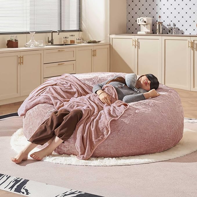 Bean Bag Chair 6Ft, Memory Foam Filled, Large Beanbag Chairs for Adults and Teens, Soft Sofa with Removable Flannel Cover, Round Couch for Living Room Bedroom College Dorm (Pink, 6FT-67×67"×24")
