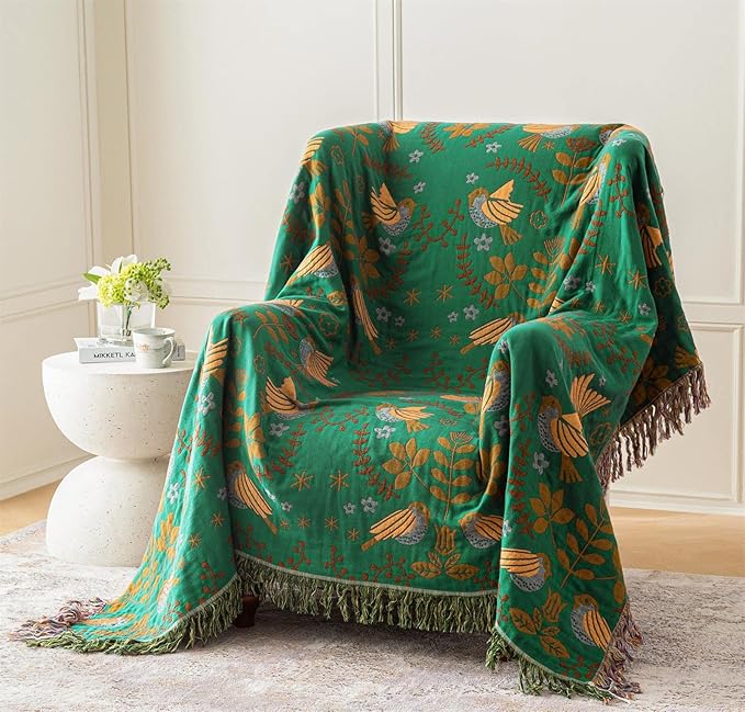 MSGKV Boho Throw Blanket 100% Cotton Green Blanket 90''x 98'' Double Sided Knit Blankets with Tassels Reversible Warm Soft Blanket Throw Blankets for Bed Sofa Living Room