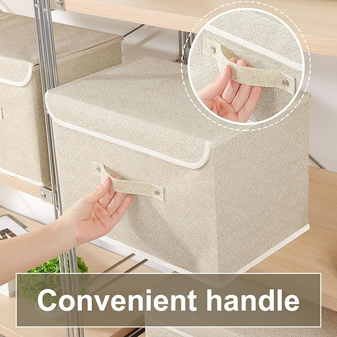 Storage Boxes, Collapsible Storage Bins with Lids, Cotton and linen cloth Storage Baskets with Handle, for Books, Closet, Bedroom, Home, 15x9.8x9.8 in, Grey and Beige