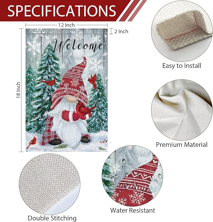Heyfibro Welcome Christmas Garden Flag Winter Gnome Garden Flags 12x18 Double Sided Burlap Cardinals Snowflakes Snow Garden Yard Flags for Seasonal Outside Outdoor House Decoration (ONLY FLAG)