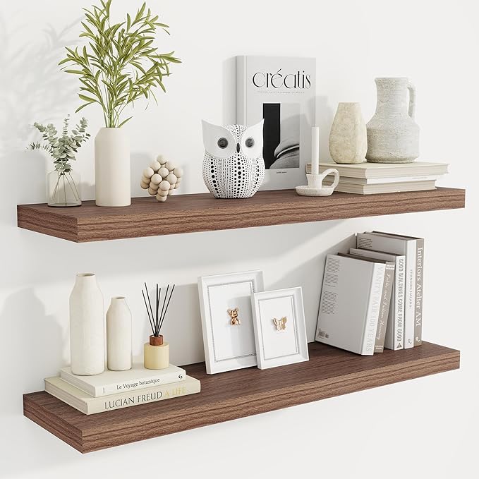 36 Inch Floating Shelves, 9.3 Inch Deep Rustic Wall Shelves - Extra Deeper Wall Mounted Storage Shelves for Bathroom, Kitchen, Living Room (Walnut, Set of 2)