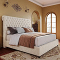 PaPaJet Bed Frame Queen Size Upholstered Platform Bed with 52.8'' Tall Sleigh Headboard, Button Tufted, No Box Spring Needed, Easy Assembly, Cream