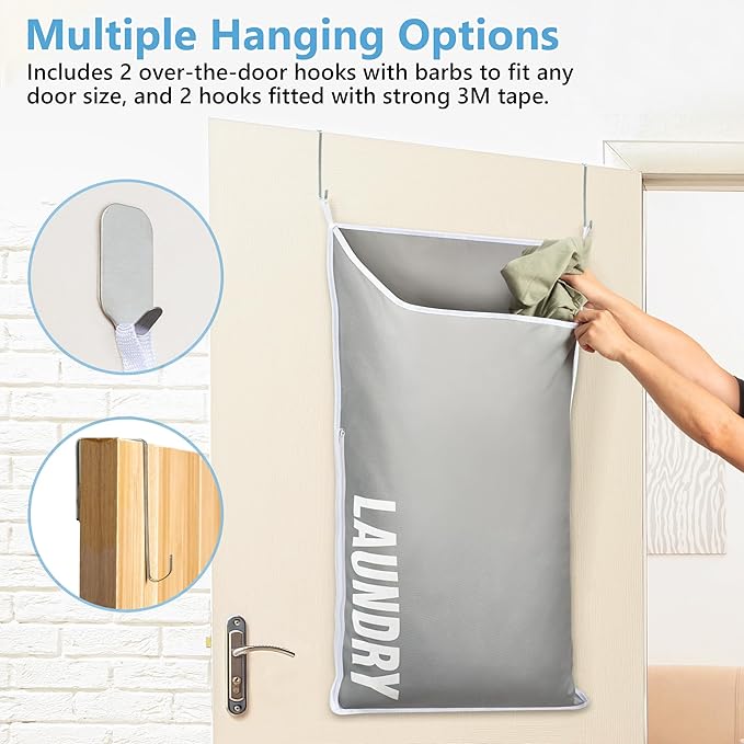 Hanging Laundry Hamper Bag XL 40x22", Space Saving over the Door Storage Bags, Behind the Door Hampers for Dirty Clothes & Wall Mounted Basket for Bathroom, Organizer for Small Room Spaces RV