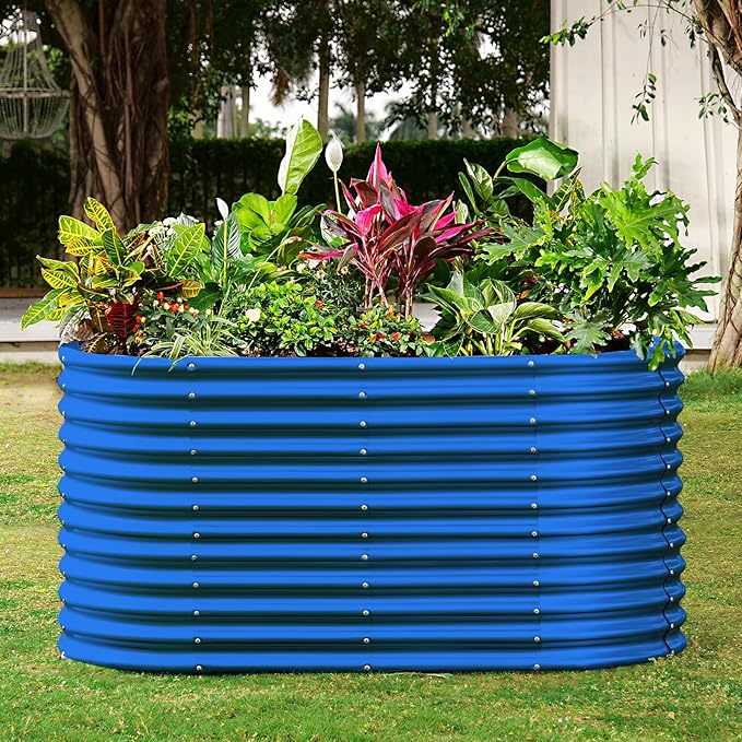 Land Guard 8x4x3ft Oval Galvanized Raised Garden Beds, Large-Capacity Metal Planter Box Outdoor, Durable Deep Raised Garden Bed 3ft Tall, Raised Beds for Gardening Vegetables, Royal Blue