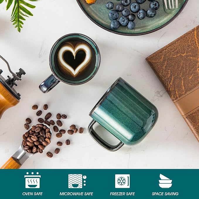 vancasso STARRY Coffee Mugs Set, 12 oz Ceramic Coffee Cups for Latte Hot Tea Cappuccino Cocoa Milk Stoneware Cups Set of 6, Dishwasher & Microwave Safe, Green