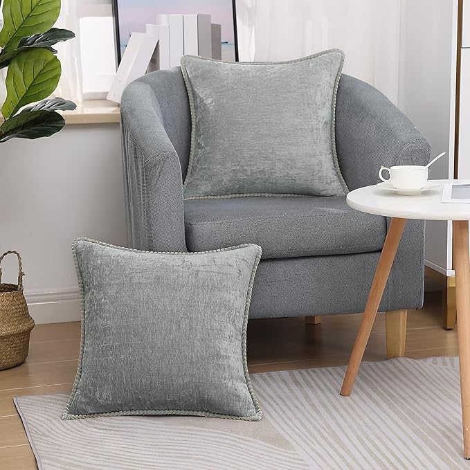 decorUhome Chenille Soft Throw Pillow Covers 22x22 Set of 2, Farmhouse Velvet Neutral Decorative Euro Pillow Covers with Stitched Edge for Couch Sofa Bed Home Decor, Neutral Gray