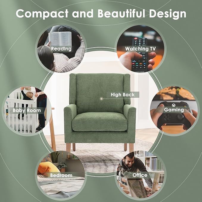 COLAMY Modern Wingback Living Room Chair, Upholstered Fabric Accent Armchair, Single Sofa Chair with Lounge Seat and Wood Legs for Bedroom/Office/Reading Spaces, Green
