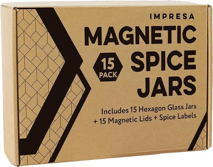 IMPRESA Hexagon Magnetic Spice Jars - 15 Pack 1.74 oz Glass Jars With Stainless Steel Lids - Airtight Magnetic Seasoning Containers & Space-Saving Honeycomb Fridge Magnets - 60 Preprinted Labels
