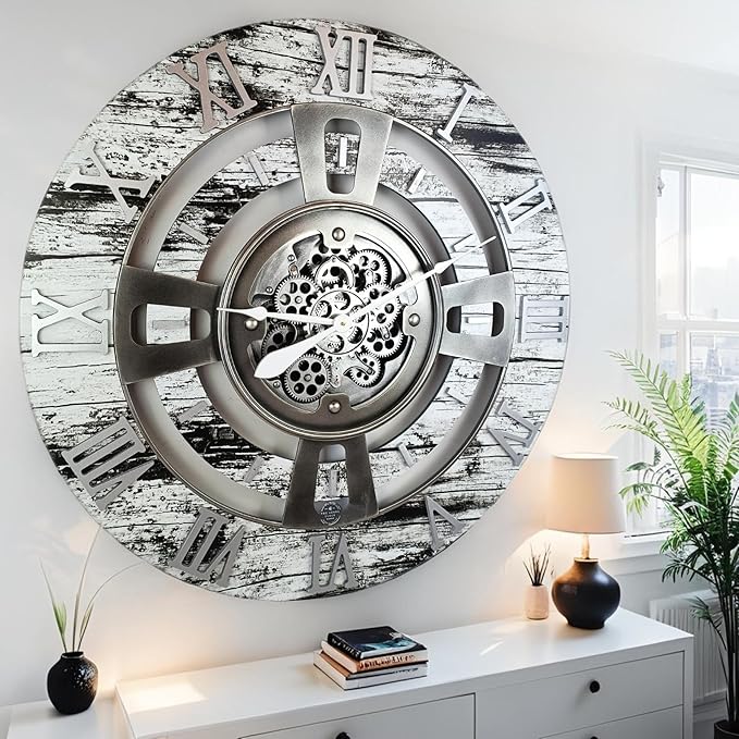 The Gears Clock Real Moving Gear Wall Clock England Line (Grey & White, 36 inches (90 cm))