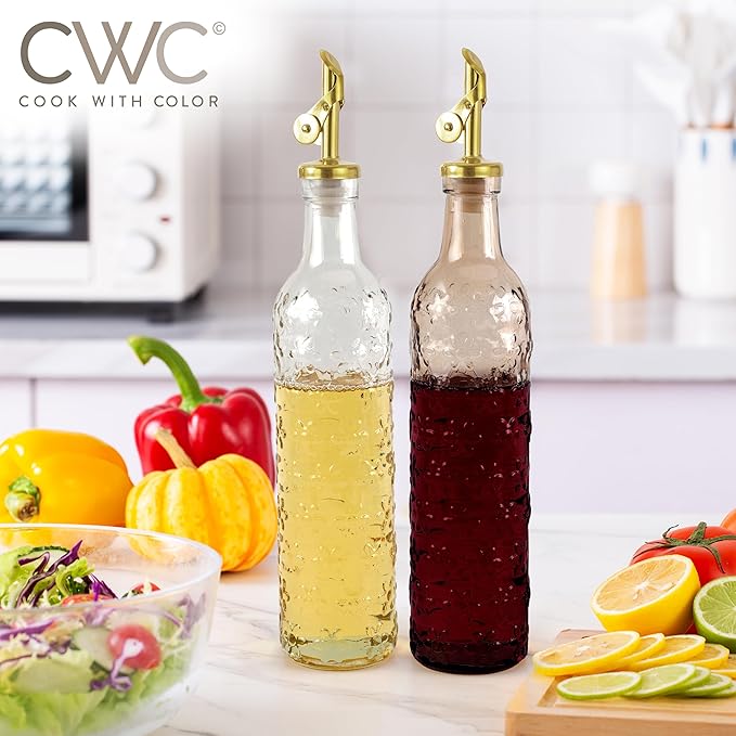 COOK WITH COLOR Glass Olive Oil Bottle Dispenser - 2 Pack- 17oz Oil and Vinegar Cruet - Olive Oil Carafe Decanter for Kitchen