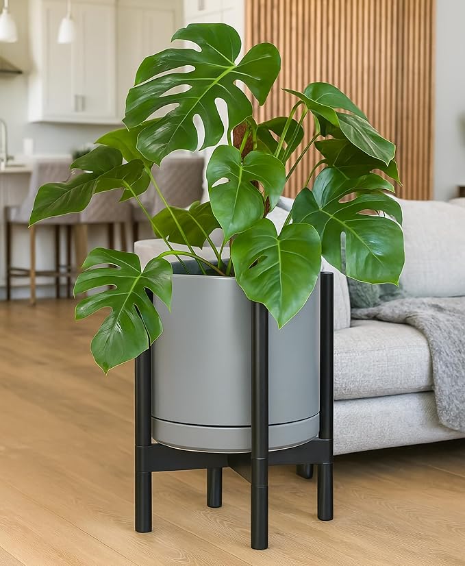 D'vine Dev Ceramic Planter with Ebony Stand - 12 Inch Modern Round Flower Pot with Wood Planter Holder, Grey, 55-B-H-3