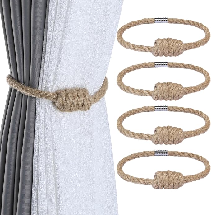 Fenghuangwu 4Pack Magnetic Jute Curtain Tiebacks – Bohemian Style Handmade Woven Tie-Backs for Drapes,Elegant Exquisite Knot Holdbacks,Outdoor Boho & Modern Home Decor