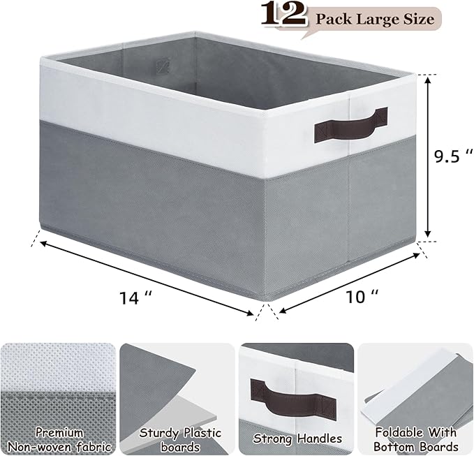 Criusia 12 Pack Large Storage Baskets for Shelves | Fabric Closet Organizers and Storage Bins with Handles for Home Organization | Decorative Collapsible Basket for Organizing Clothes Toy Nursery