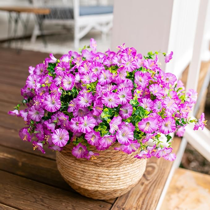 Artificial Flowers for Outdoors Fake Plants Outside Decoration, 12 Bundles Silk Purple Morning Glory UV Resistant Look Real Faux Flowers for Planter Front Door Porch Patio Yard Gardens Home