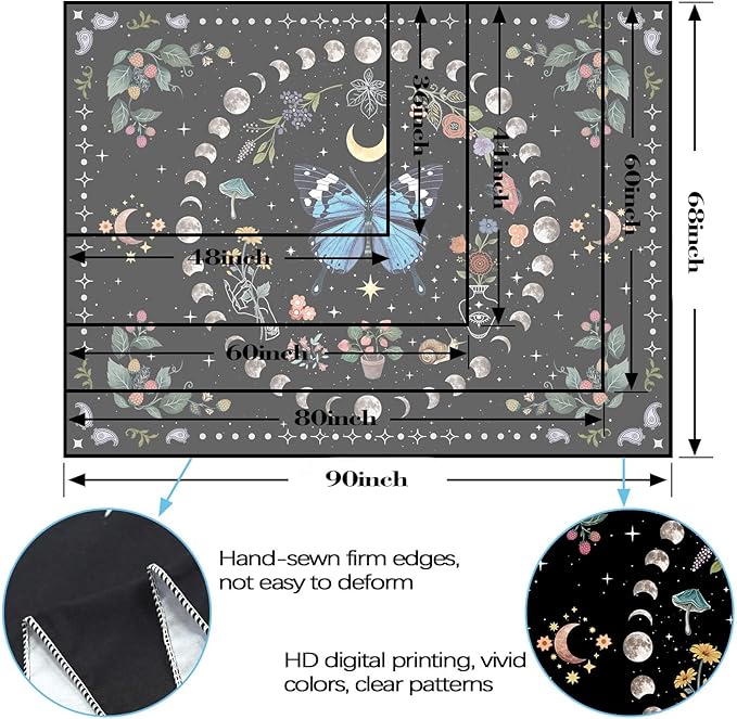 Aipon Blue Butterfly Moon Flower Tapestry Botanical Boho Plant Floral Wall Hanging for Bedroom and Living Room (36.00'' 48.00'', Blue)