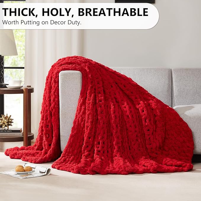 L'AGRATY Chunky Knit Blanket Throw: 80''x90'' Chenille Chunky Knitted Throw Blanket for Bed Couch - Handmade Thick Big Cable Knit Blanket - Large Chunky Crochet Rope Blanket for Home Decor(Red)