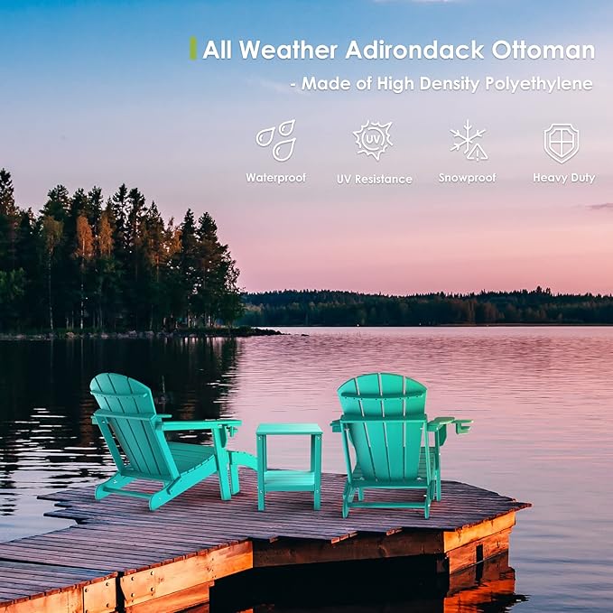 GREENVINES Adirondack-Ottoman | HDPE Plastic | Outdoor Footrest | All Weather | Foot Rest | Foot Stool | Aqua | for Adirondack Chair | for Patio Backyard Pool