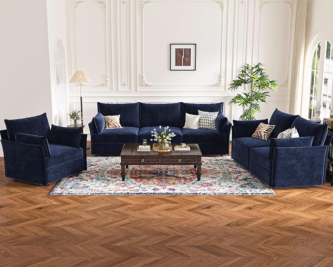 Luxury Modular Sectional Sofa, L-Shaped 3-Seat Couch with Storage Ottoman Deep Seat & Reversible Chaise Lounge Chenille Blue for Compact Spaces, Apartments, Dorm