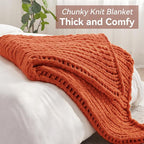 Chunky Knit Throw Blanket, 30''*40'' Fall Throw Blanket Knitted Chenille Yarn for Bed Couch, Handmade Orange Crochet Big Thick Blanket, Machine Washable Cute Comfy Blankets for Home Decor
