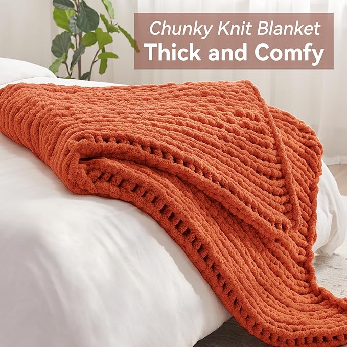Chunky Knit Throw Blanket, 60''*80'' Fall Throw Blanket Knitted Chenille Yarn for Bed Couch, Handmade Orange Crochet Big Thick Blanket, Machine Washable Cute Comfy Blankets for Home Decor