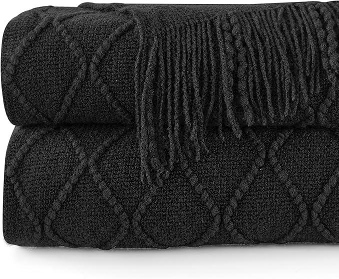 inhand Knitted Throw Blankets for Couch and Bed, Soft Cozy Knit Blanket with Tassel, Black Lightweight Decorative Blankets and Throws, Farmhouse Warm Woven Blanket for Men and Women, 50"x60"