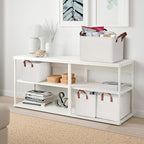 KEEGH Storage Baskets for Organizing, Fabric Storage Bins with Leather Handles, Shelf Baskets for Closet Organization, 15" L x 11" W x 10" H, White, 4 Pack
