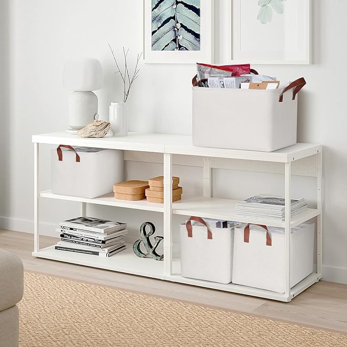 KEEGH Storage Baskets for Organizing, Fabric Storage Bins with Leather Handles, Shelf Baskets for Closet Organization, 15" L x 11" W x 10" H, White, 4 Pack