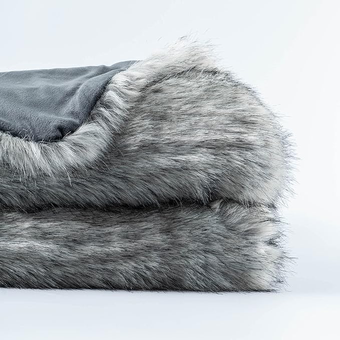 BATTILO HOME Wolf Faux Fur Blanket, Extra Large Fox Fur Throw Blankets for Couch, Bed, Super Soft, Fluffy, Eelegant, Grey with Black Tips Blanket Reversible to Plush Velvet, (Grey, 60"x80")