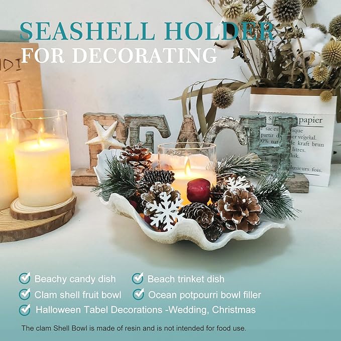Large EarthTan-White Sea Shells Decorative Bowl Resin Clam Shell Bowl Beach Decorations for Home Coastal Beach Decor Decoration Storage Bowls & Home Office Nautical Themed Party Decor -10.2"-1PC