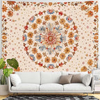 Boho Floral Mandala Tapestry Wall Hanging Watercolor Bohemian Flower Medallion Tapestry Aesthetic Beige Orange Hippie Indian Extra Large Tapestries for Bedroom Living Room Dorm Decor 90 x 68 Inch