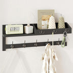 AMBIRD Wall Hooks with Shelf 26.57inch Entryway Wall Hanging Shelf Wood Coat Hooks for Wall Coat Rack Wall Mount Rack with 5 Dual Hooks 3 Key Hooks Mail Organizer and Key Rack Key Holder (Black)