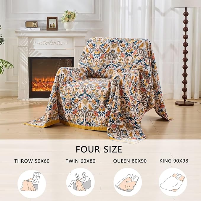 Boho Throw Blanket for Couch,100% Cotton Summer Blanket for Bed, Ultra Soft Rustic Quilt for Bed, Home Decor, Boho Picnic Blankets with Bird and Flowers for All Seasons,Twin 60"x80"