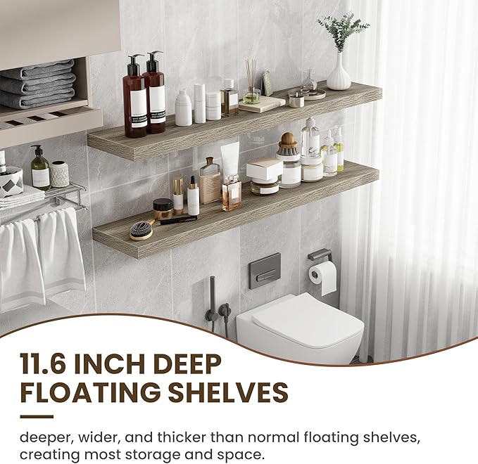 55 Inch Floating Shelves, 12 Inch Deep Floating Shelves for Wall, Floating Shelf with Invisible Brackets, Deep Shelves for Bathroom, Bedroom, Living Room, 1 Pack, Grey