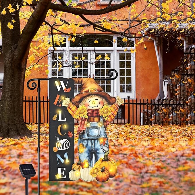 Thanksgiving Lighted Garden Flag, Solar Fall Outdoor Decor Yard Flag,8 Modes Led Scarecrow Flag,28x40 Double Sided Maple Leaf Pumpkin Bird Decorations for Home Porch