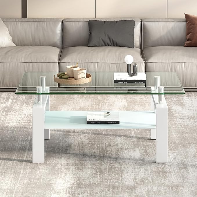 Glass Coffee Table Rectangle White Living Room Center Table, 39inch Transparent Tempered Glass Tabletop and Metal Frame, White + Clear Glass