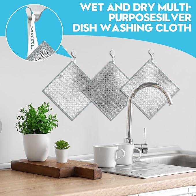 10 Pcs New Upgraded 3 Layers Non Scratch Wire Dishcloth, Multipurpose Wire Dishwashing Rags, Wet & Dry for Cookware, Sinks, Dishes, Stoves & Fireplaces 7.87“ x 7.87”