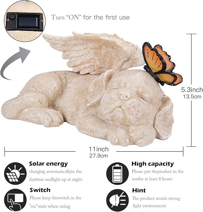 WONDER GARDEN Sleeping Dog Angel Statue with Solar Light - Pet Memorial Stone, in Memory of Dog, Marker Tribute Statues, Resin Guardian Angels, Bereavement Gift