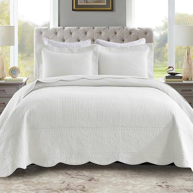 MarCielo 3-Piece 100% Cotton Oversized Bedspread Lightweight Quilt Coverlet Embroidery Farmhouse Bedding Set (TG Bright White, Oversized King (118"x106"))