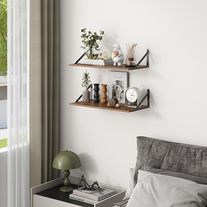 Deep Floating Shelves, 12 Inch Deep Floating Shelves for Wall, 24"W x 12"D Wall Shelves for Books, Large Rustic Wooden Shelf, Wide Display Shelf for Bathroom, Living Room, Walnut Color, Set of 2